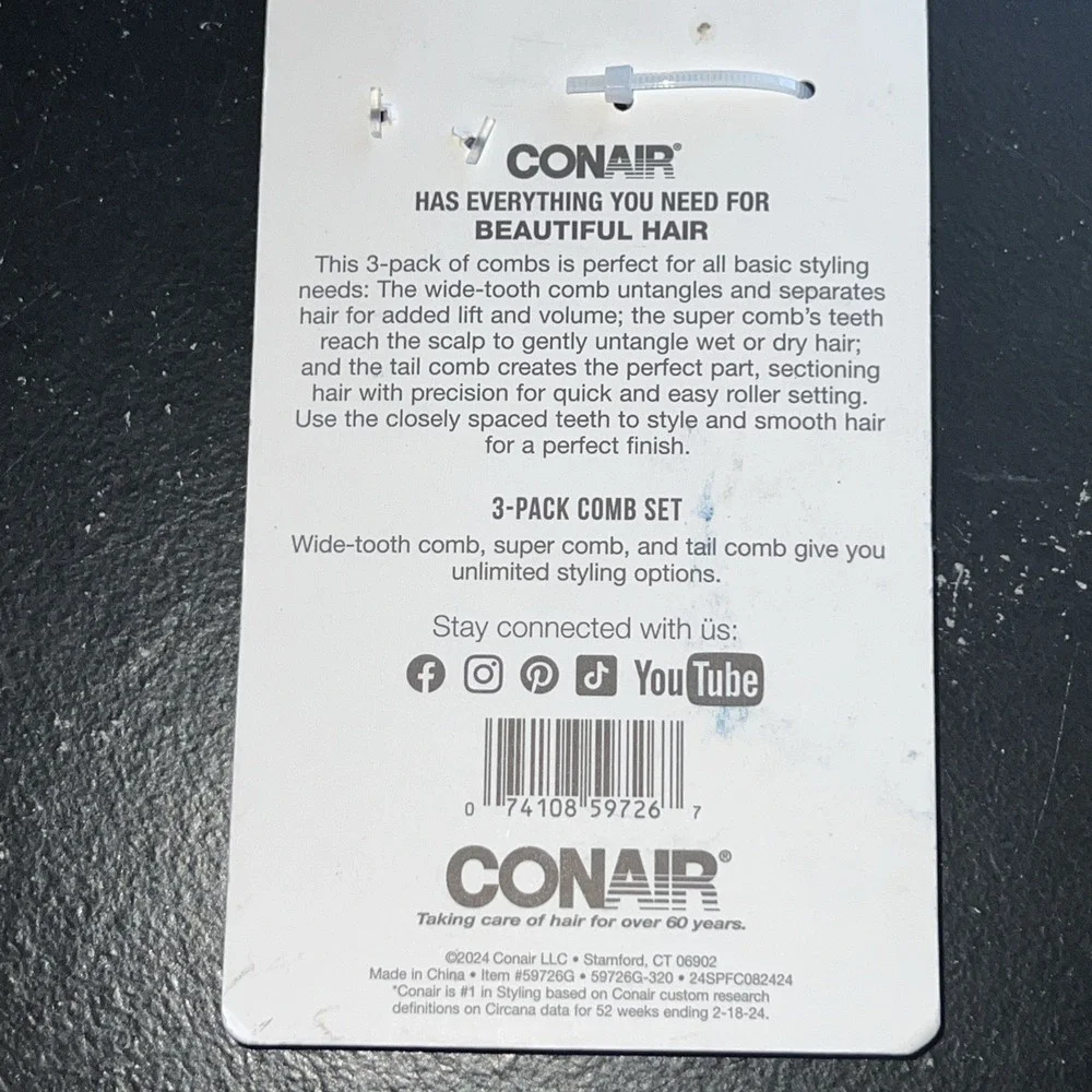 Conair Hello Spring Collection Life, Style & Detangle Hair Combs, 3-Piece Mint/P